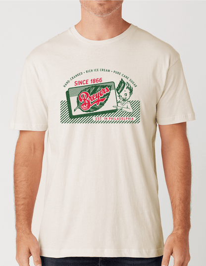 Man wearing a Breyers Ice Cream Vintage 1950s Advertisement Unisex Tee showcasing classic mid-century ice cream branding and retro graphics.