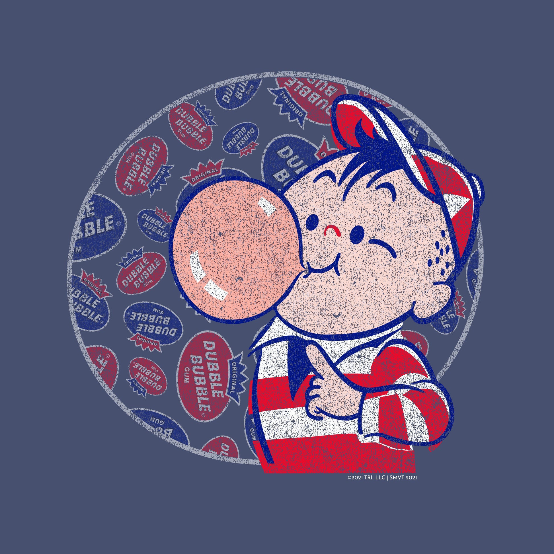 close up of dubble bubble burst my bubble graphic featuring vintage bubble gum character blowing a bubble