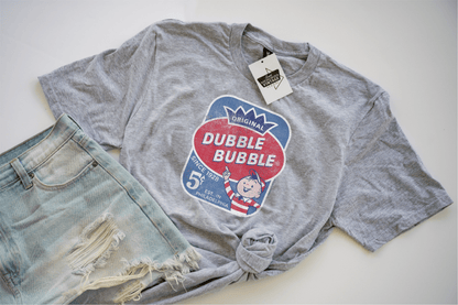 close up of dubble bubble original bubble gum vintage logo graphic on soft cotton t shirt