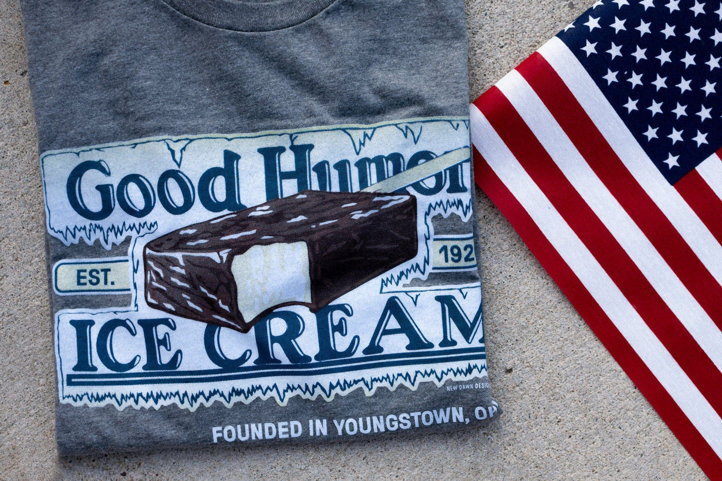 close up of good humor original ice cream vintage logo graphic on soft cotton t shirt