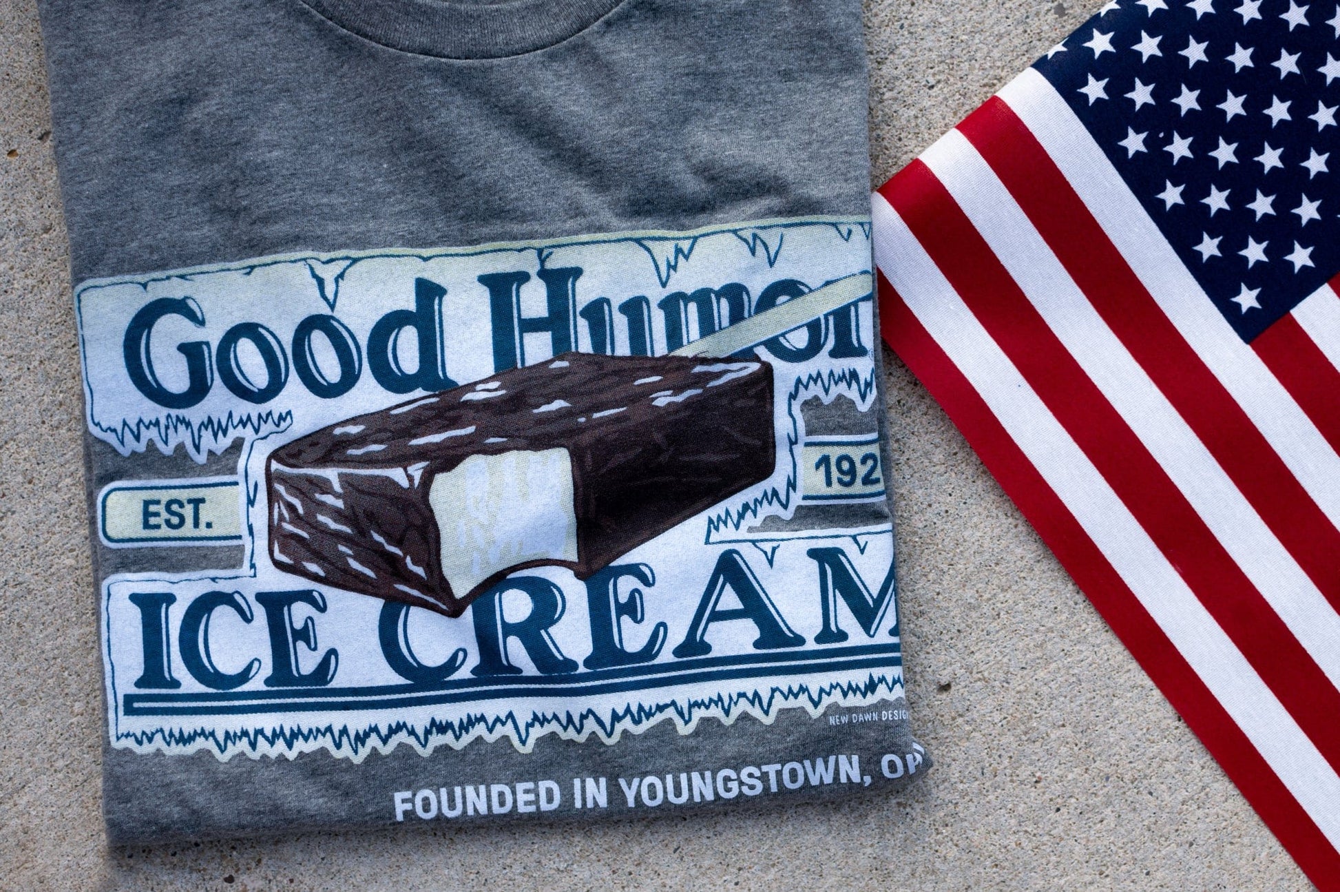 close up of good humor original ice cream vintage logo graphic on soft cotton t shirt