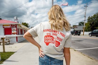 Woman wearing a Good Humor™ What's Your Humor? Vintage Funny Ice Cream Shirt featuring nostalgic ice cream-themed artwork and retro branding.
