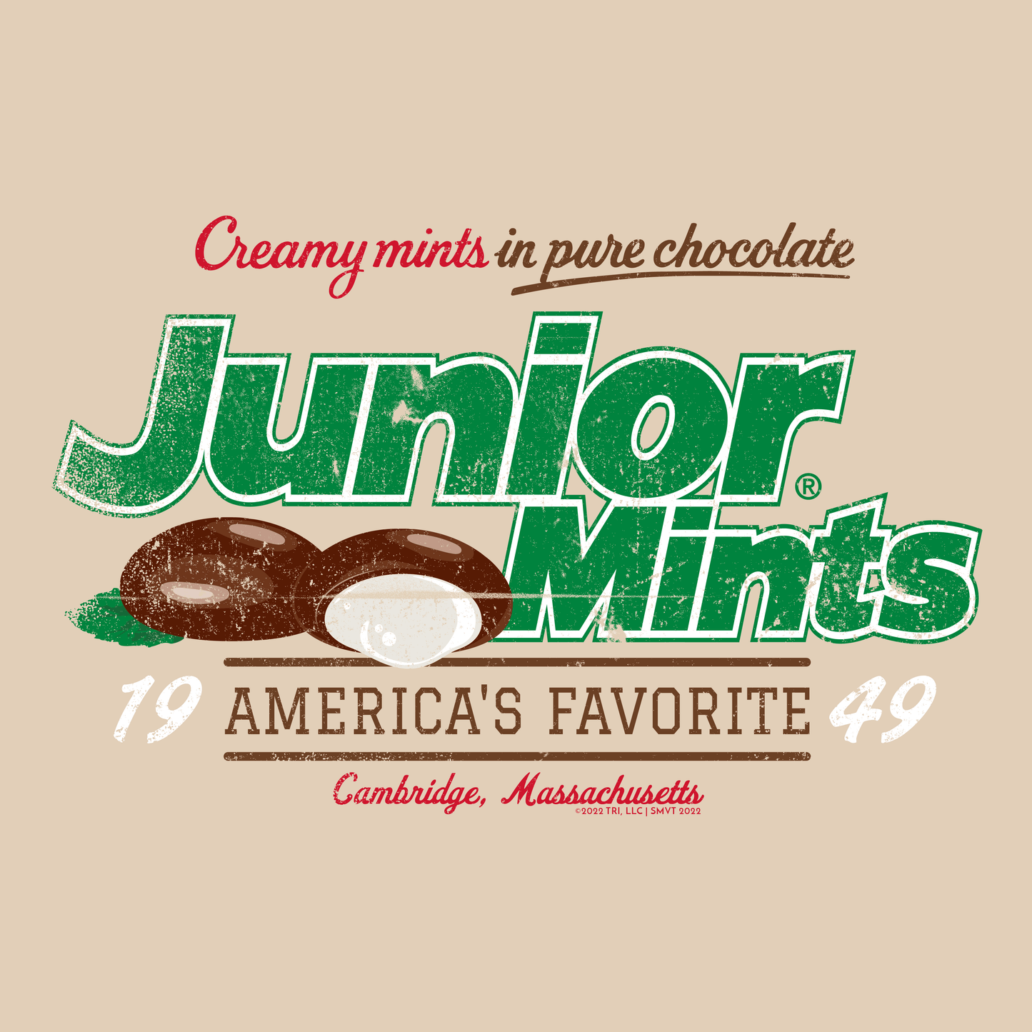 close up of junior mints chocolate covered creamy mints vintage candy logo graphic