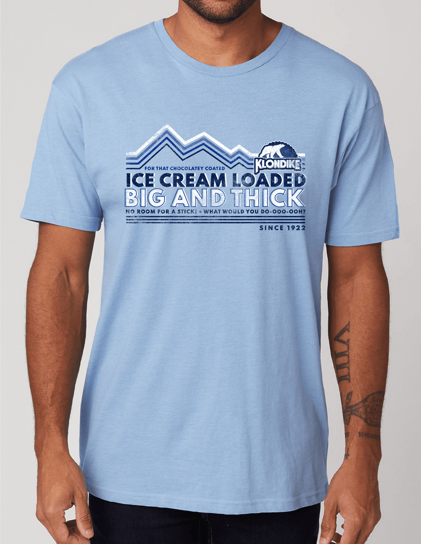 Klondike Big & Thick Vintage Jingle Graphic T-Shirt, retro ice cream bar tee male mockup, unisex soft cotton