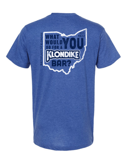 Klondike® Birthplace of Klondike Ohio What Would You Do for a Klondike Bar? Tee featuring vintage Ohio-inspired logo on a blue heather unisex t-shirt.