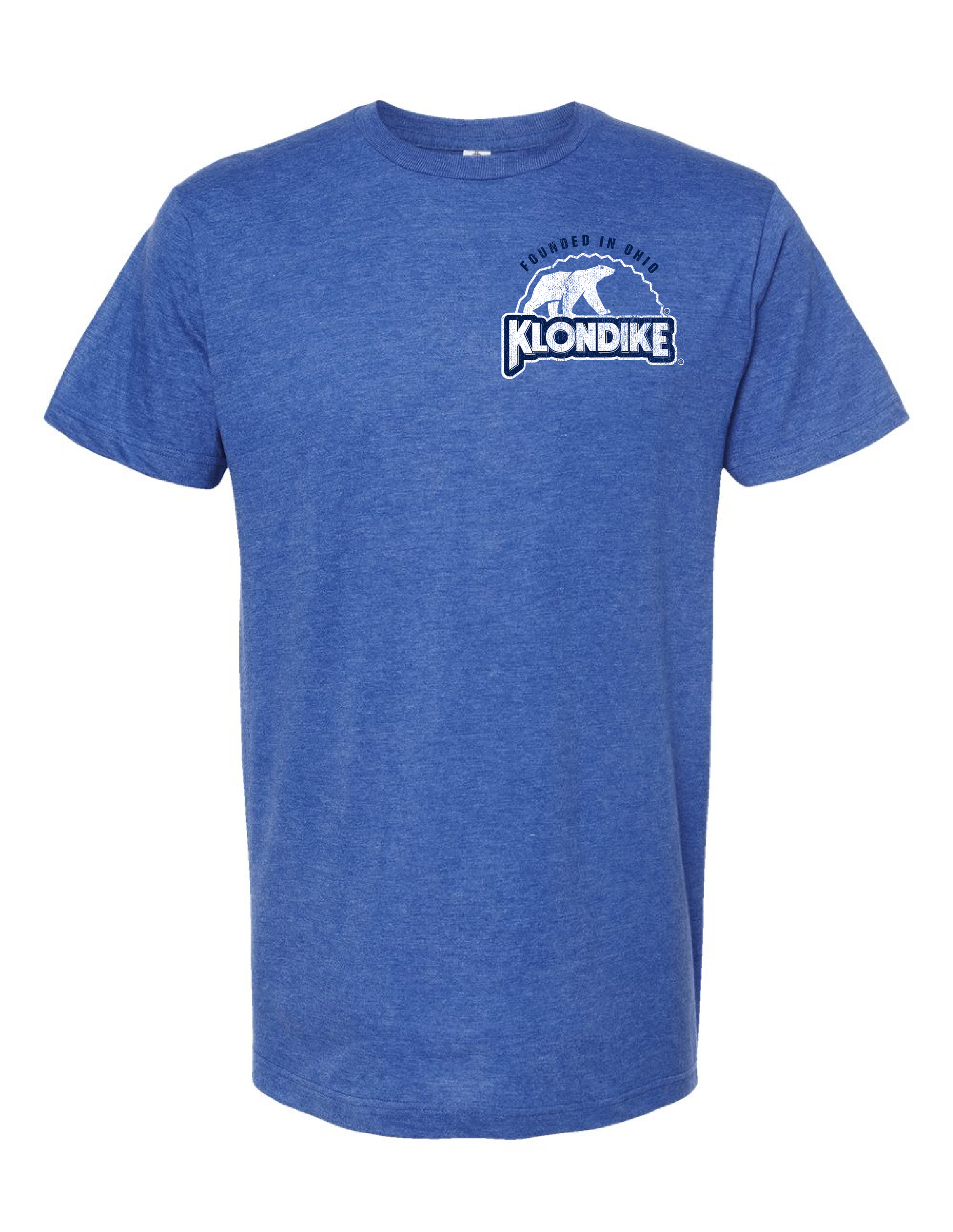 Klondike® Birthplace of Klondike Ohio What Would You Do for a Klondike Bar? Tee featuring vintage Ohio-inspired logo on a blue heather unisex t-shirt.