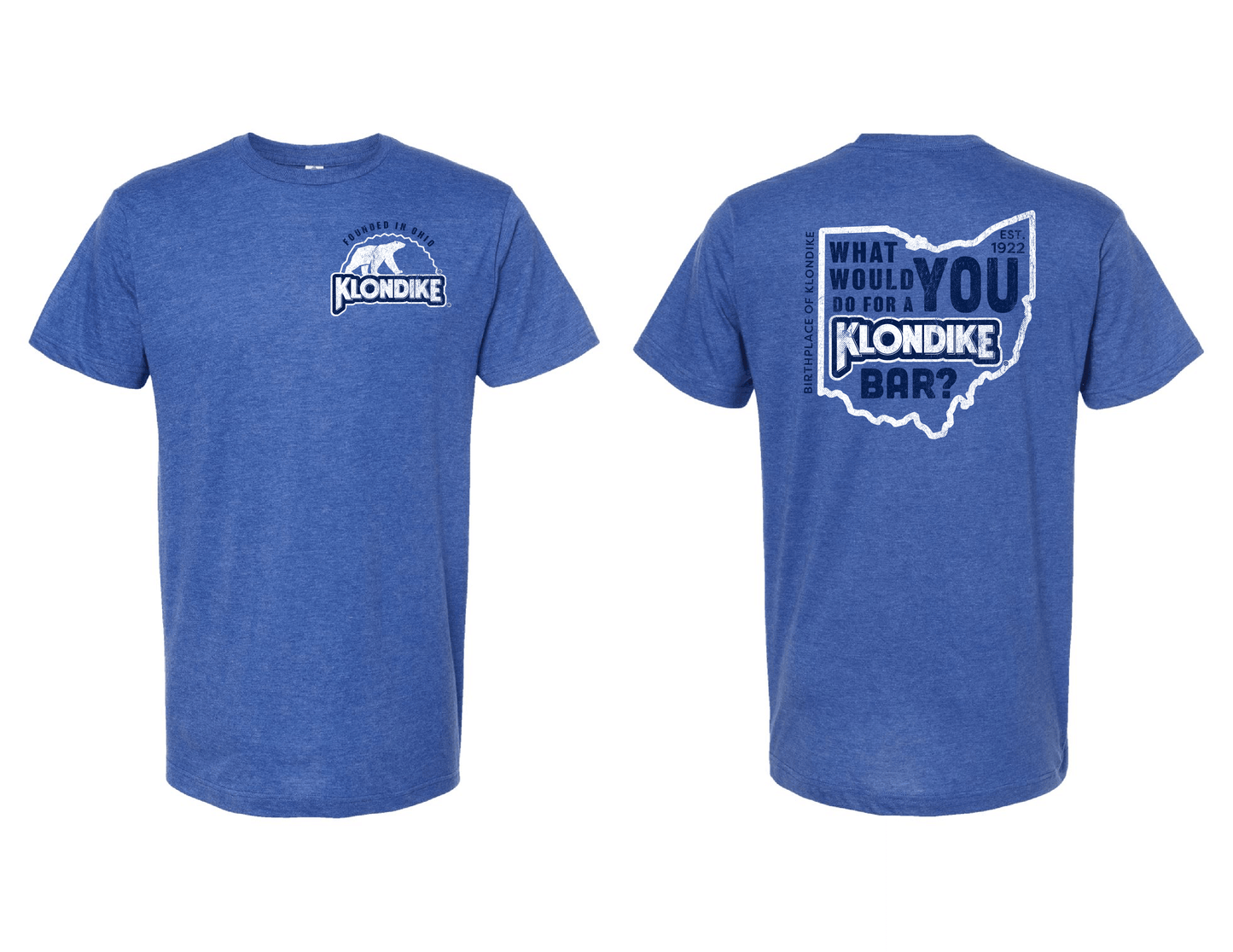 Klondike® Birthplace of Klondike Ohio What Would You Do for a Klondike Bar? Tee featuring vintage Ohio-inspired logo on a blue heather unisex t-shirt.