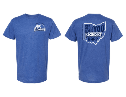 Klondike® Birthplace of Klondike Ohio What Would You Do for a Klondike Bar? Tee featuring vintage Ohio-inspired logo on a blue heather unisex t-shirt.