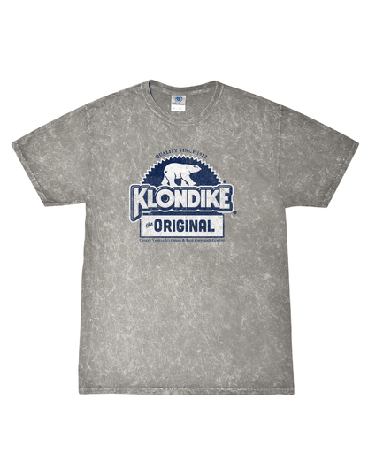 Klondike® Foil Wrapper Since 1922 Unisex Mineral Wash Tee featuring vintage Klondike logo with polar bear graphic on a gray mineral wash t-shirt inspired by the original foil wrapper design.