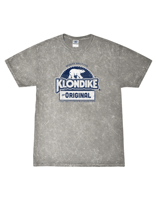 Klondike® Foil Wrapper Since 1922 Unisex Mineral Wash Tee featuring vintage Klondike logo with polar bear graphic on a gray mineral wash t-shirt inspired by the original foil wrapper design.