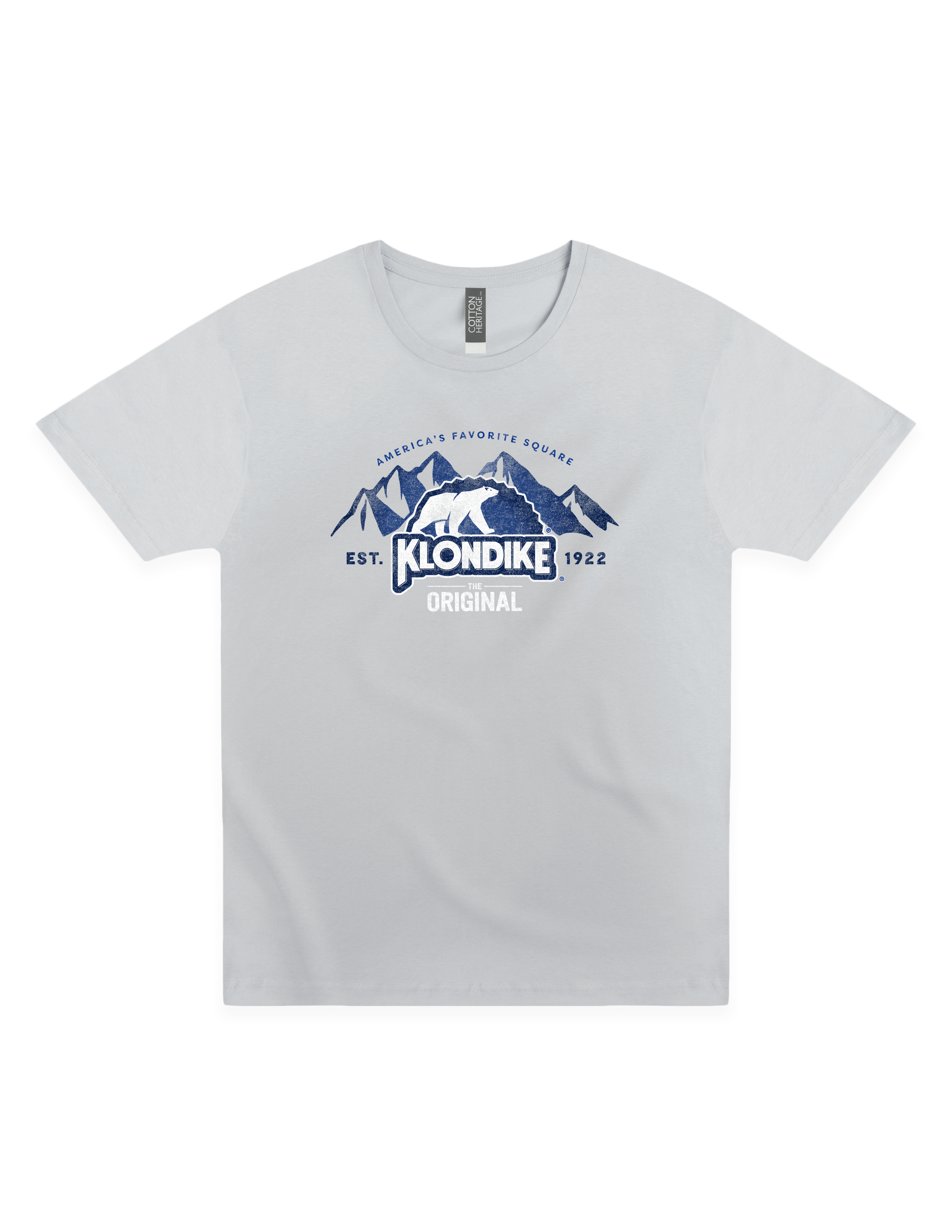 Klondike® The Original Since 1922 Vintage Unisex Graphic Tee featuring the iconic polar bear logo, mountain design, and distressed blue artwork on a light gray T-shirt.
