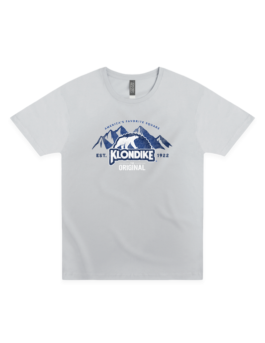 Klondike® The Original Since 1922 Vintage Unisex Graphic Tee featuring the iconic polar bear logo, mountain design, and distressed blue artwork on a light gray T-shirt.