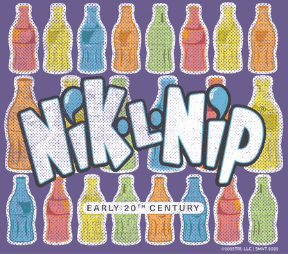 close up of nik l nip vintage logo graphic featuring bite em drink em chew em 