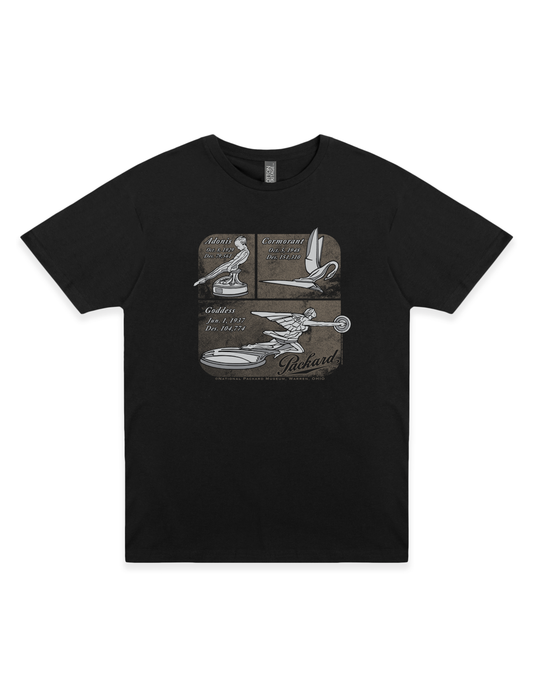 packard vintage car hood ornaments metallic silver historical patent graphic t shirt unisex automotive apparel