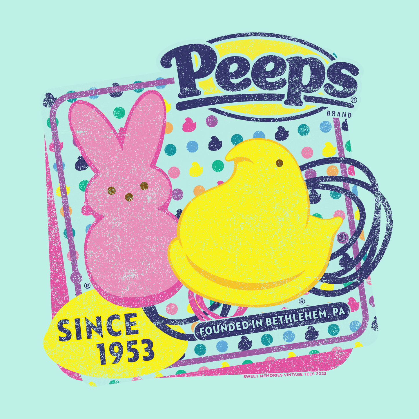close up of peeps since 1953 vintage marshmallow candy graphic