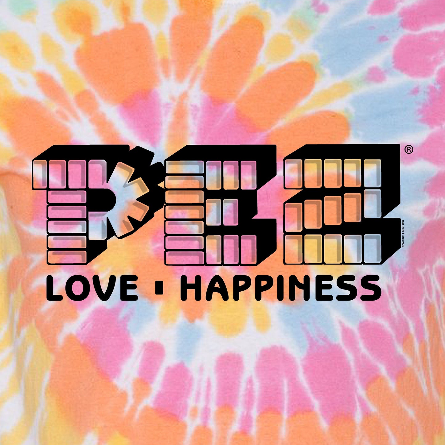 close up of pez love and happiness graphic on colorful tie dye cotton t shirt