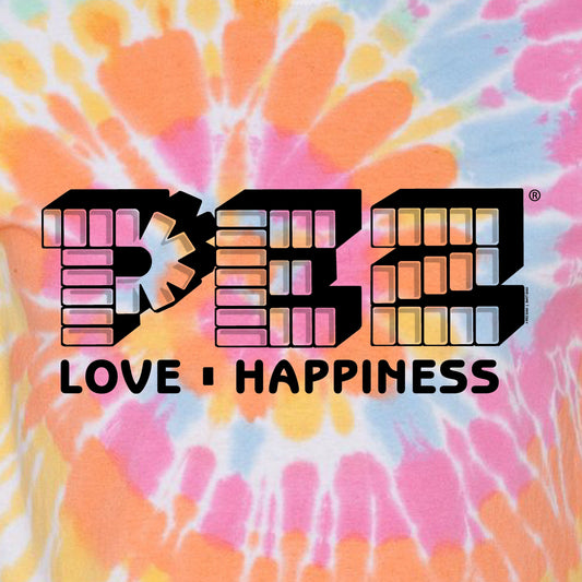 close up of pez love and happiness graphic on colorful tie dye cotton t shirt