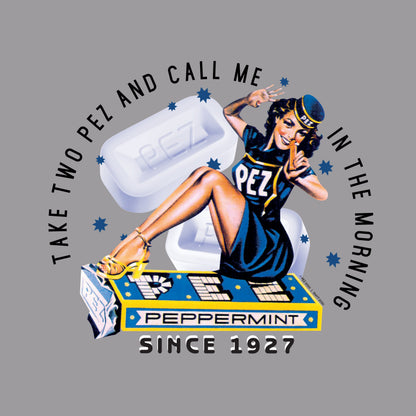 close up of pez vintage pin up girl take two pez and call me in the morning retro graphic