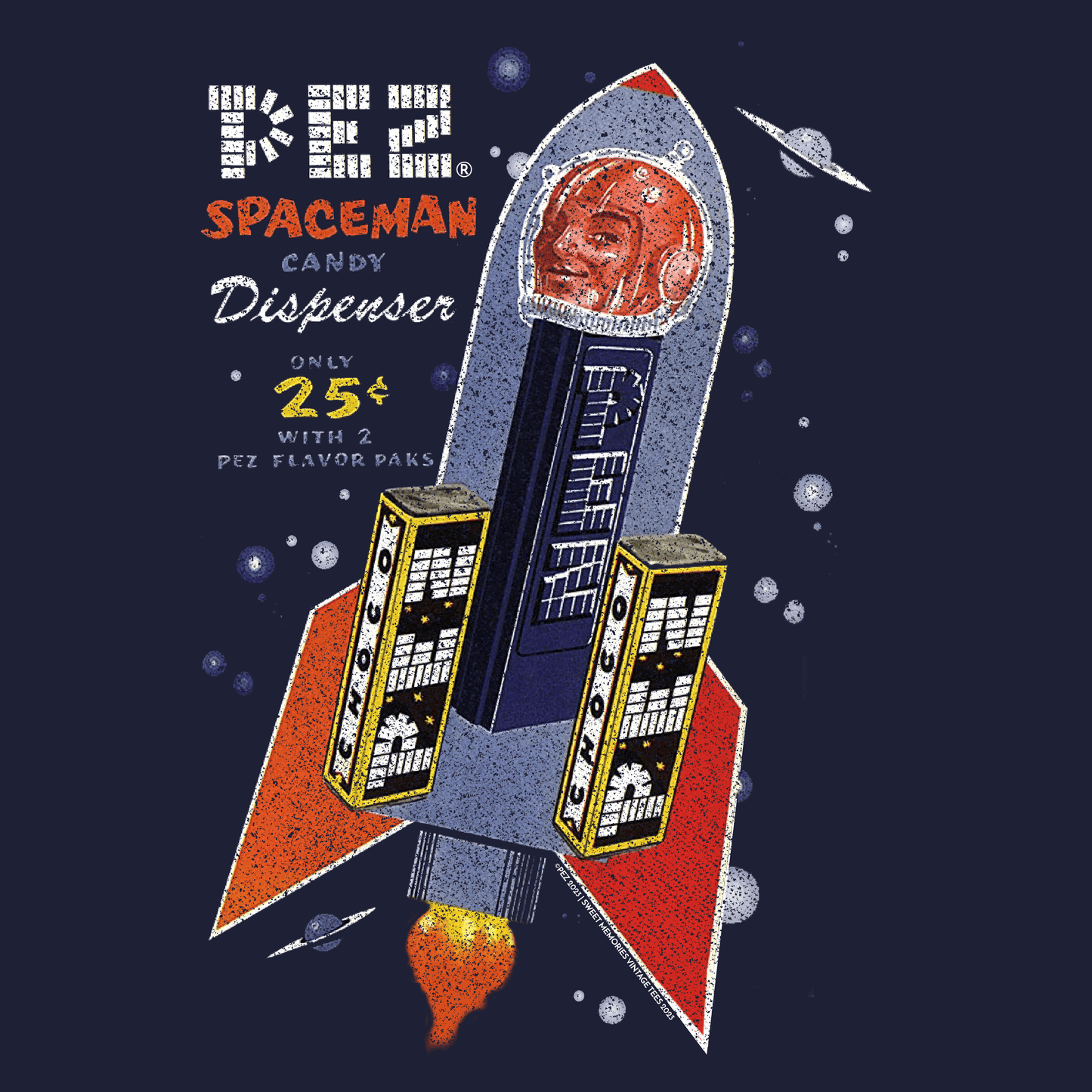 close up of pez vintage spaceman candy dispenser ad graphic with retro space age artwork