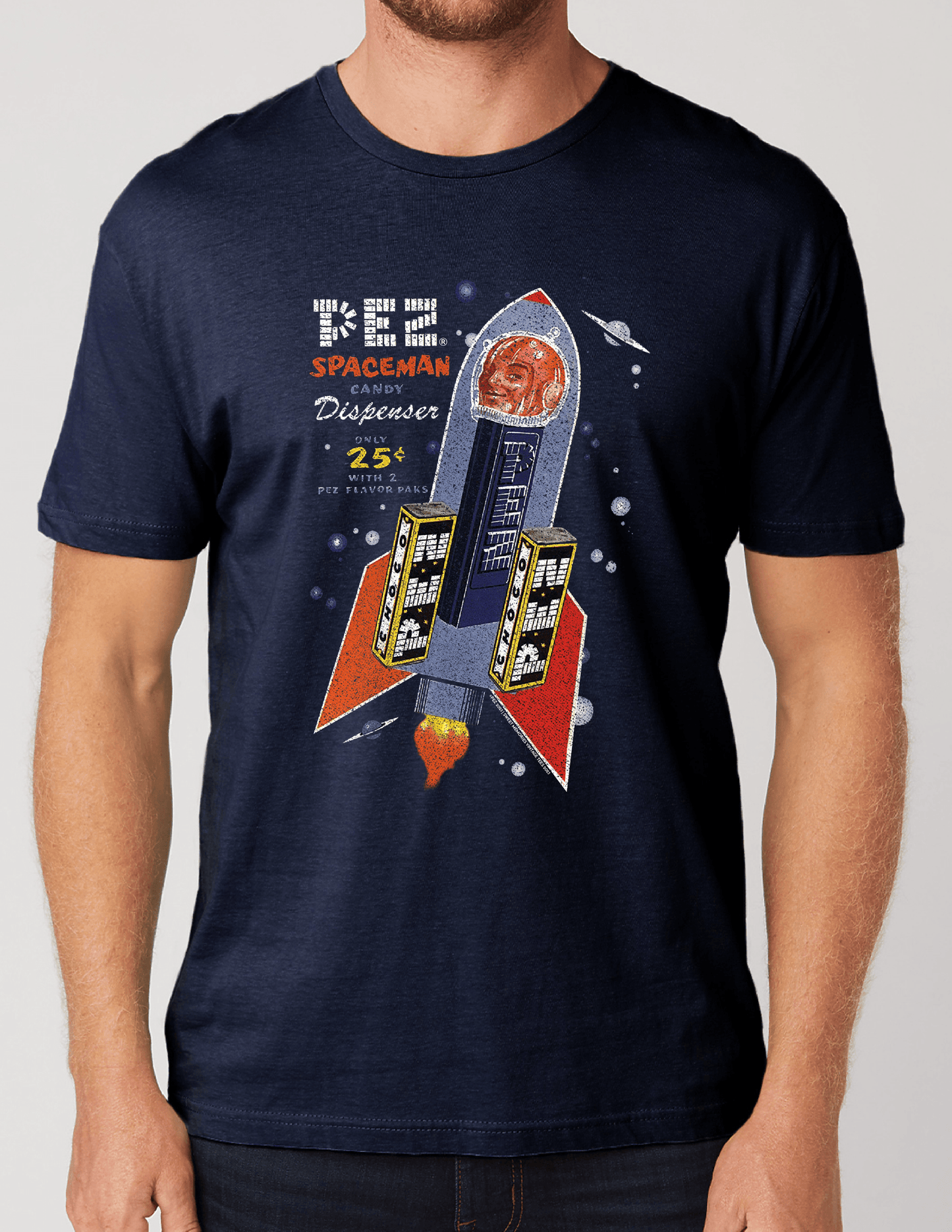 unisex pez vintage spaceman shirt styled casually with retro candy and space age nostalgia design