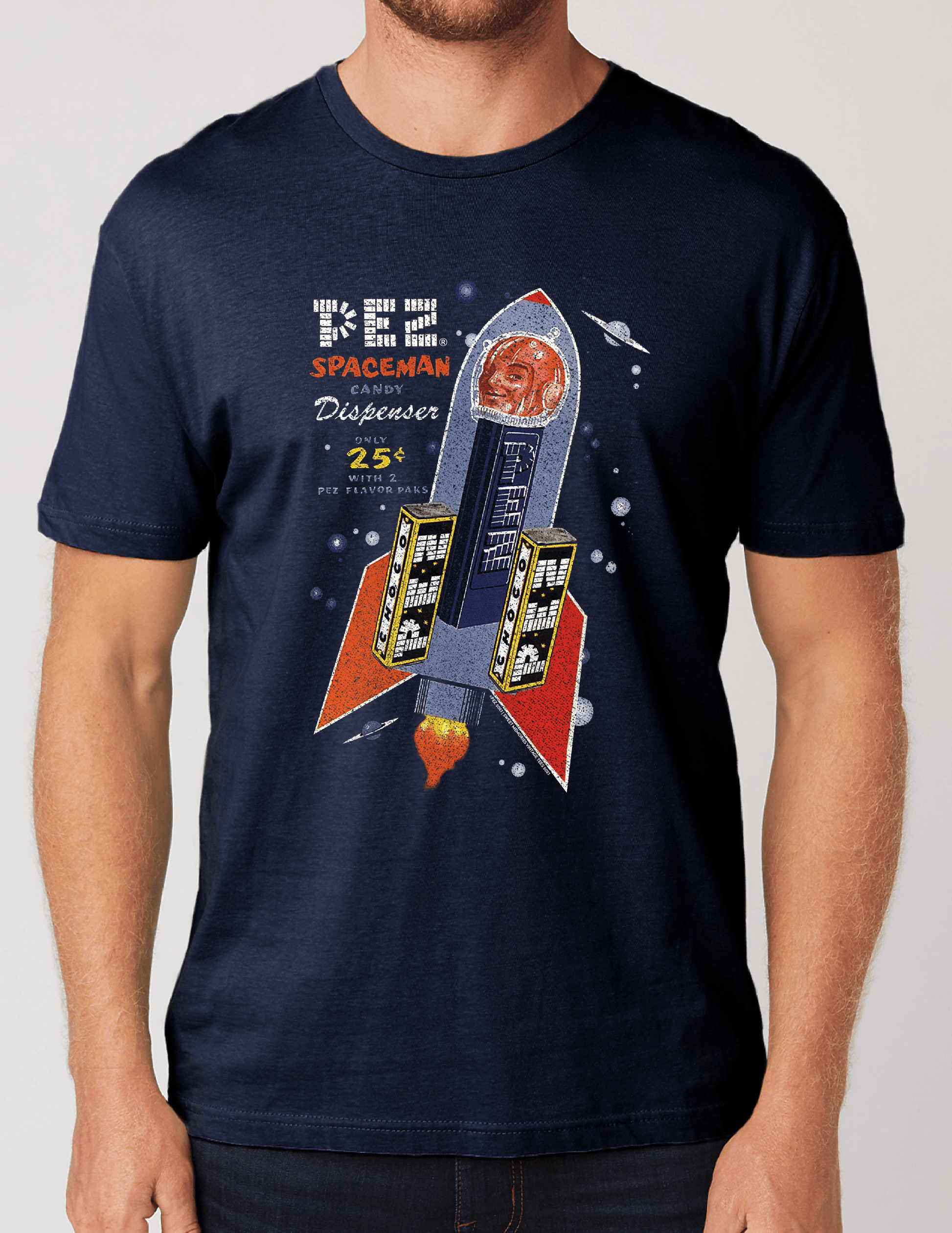 unisex pez vintage spaceman shirt styled casually with retro candy and space age nostalgia design