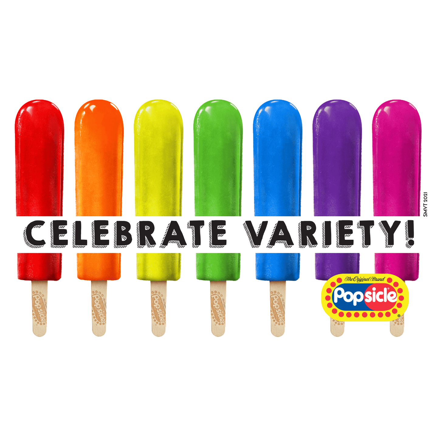 Popsicle® Celebrate the Rainbow graphic showcasing colorful rainbow-themed Popsicle artwork with vibrant vintage-inspired branding and frozen treat nostalgia.