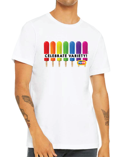 Male model wearing a Popsicle® Celebrate the Rainbow Official Popsicle® Unisex Graphic T-Shirt featuring colorful rainbow artwork and classic Popsicle branding.