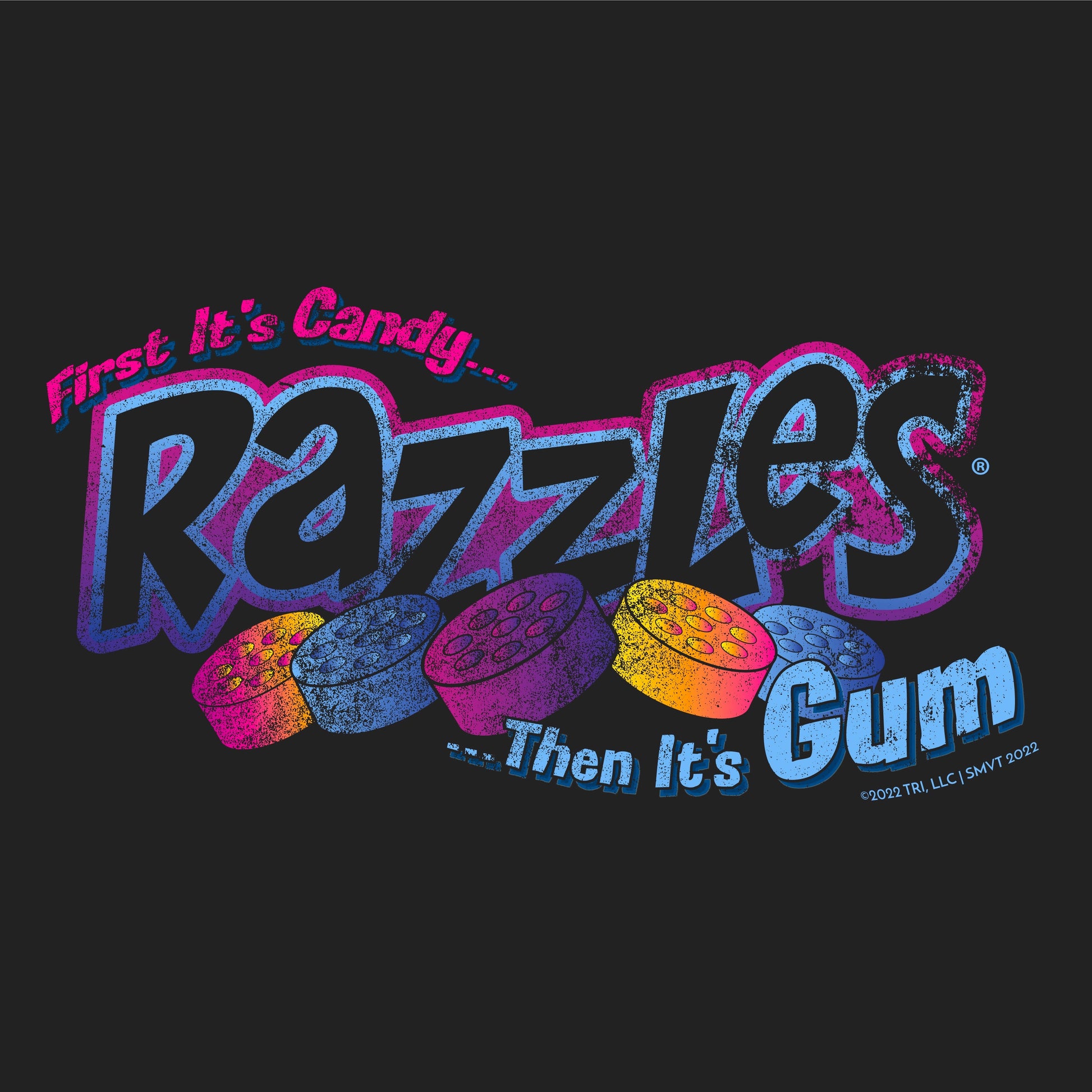 close up of razzles retro logo graphic featuring first its candy then its gum slogan