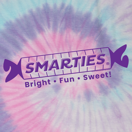 close up of smarties bright fun smarties graphic on colorful tie dye cotton t shirt