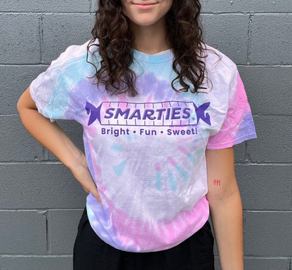 unisex smarties tie dye shirt styled casually colorful candy lover outfit with retro candy branding