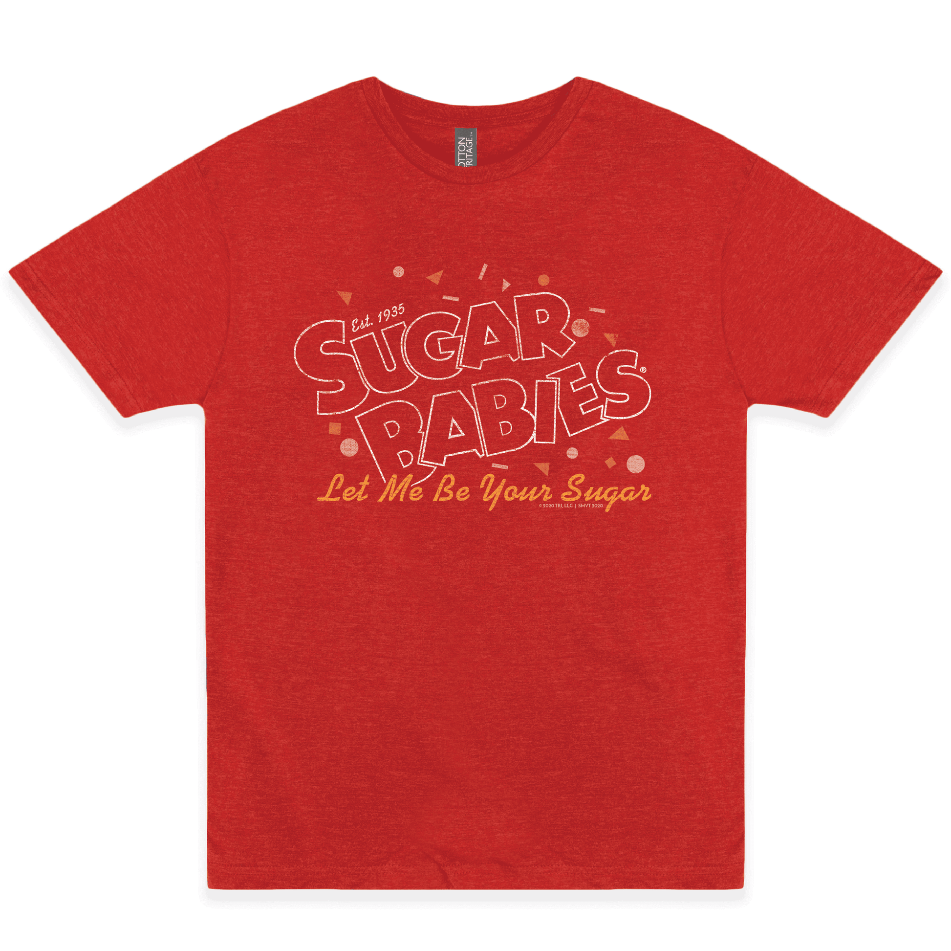 Sugar Babies Let Me Be Your Sugar unisex graphic tee featuring vintage candy logo artwork on a heather red shirt