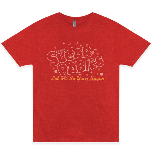 Sugar Babies Let Me Be Your Sugar unisex graphic tee featuring vintage candy logo artwork on a heather red shirt