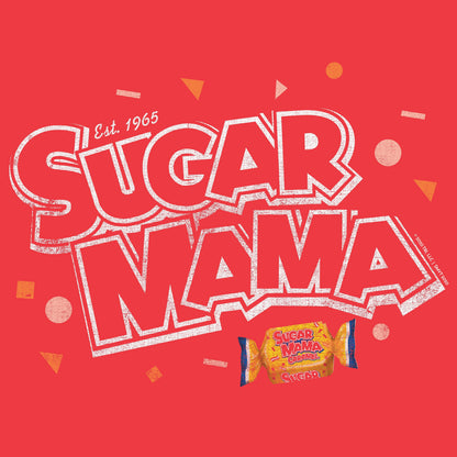 Close-up of the Sugar Mama Who's Your Mama graphic showcasing vintage candy branding and nostalgic retro artwork