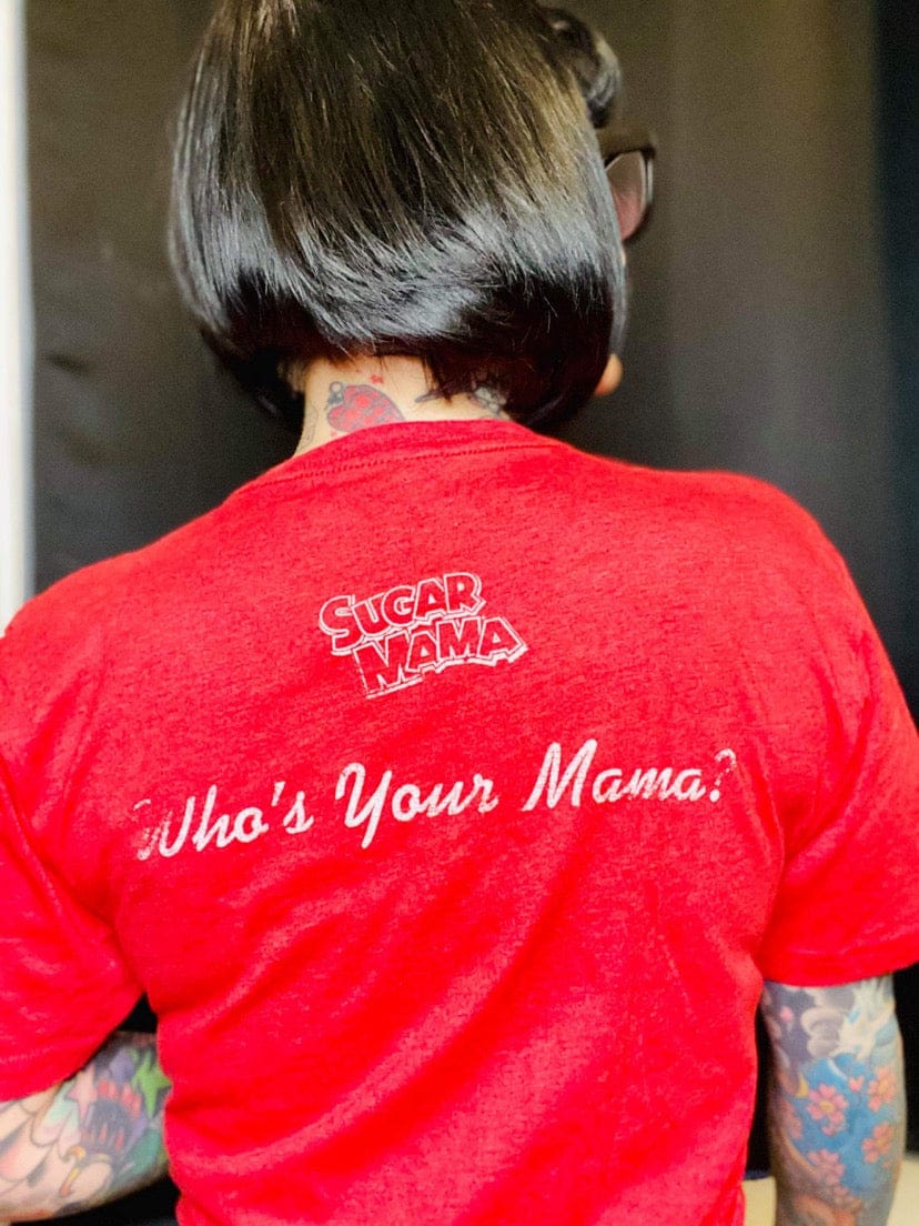 Back view of the Sugar Mama Who's Your Mama Tee showing the fit and style of the officially licensed nostalgic candy t-shirt