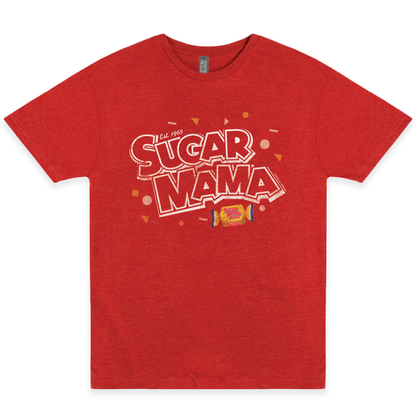Sugar Mama Who's Your Mama? Tee featuring a retro candy-inspired graphic on a unisex shirt. Officially licensed nostalgic candy apparel for candy lovers and vintage fashion fans.