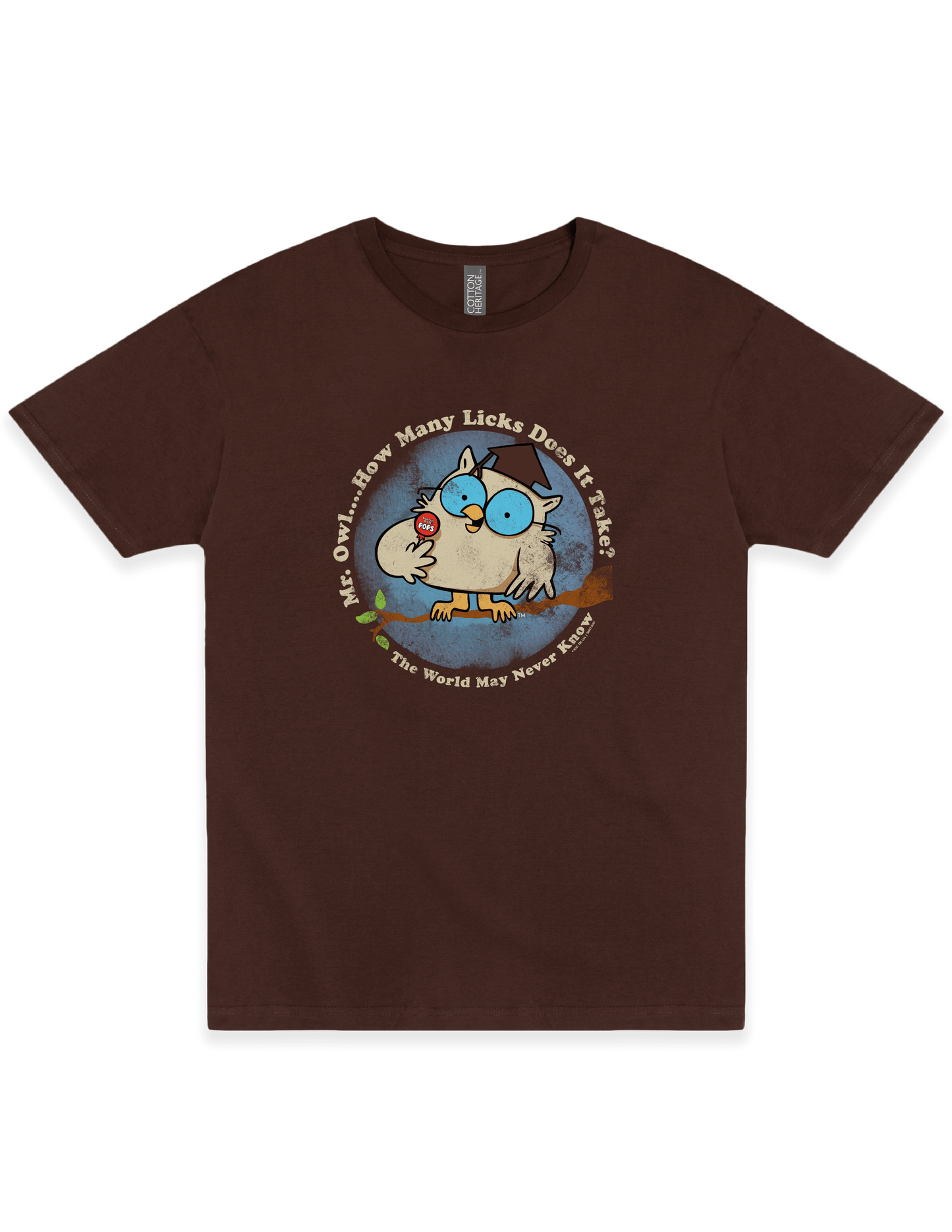 Tootsie Pop Vintage Mr. Owl Tee on a black unisex t-shirt featuring the classic Mr. Owl graphic and retro candy-inspired artwork.