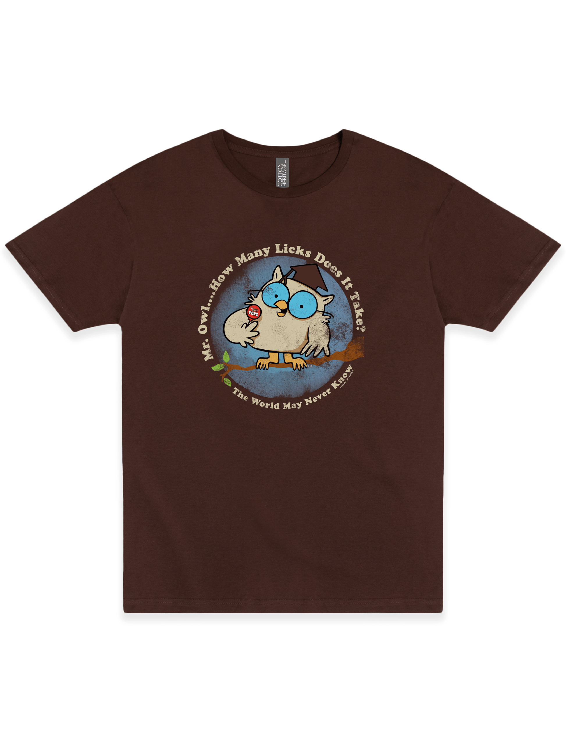 Tootsie Pop Vintage Mr. Owl Tee on a black unisex t-shirt featuring the classic Mr. Owl graphic and retro candy-inspired artwork.