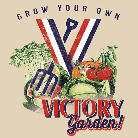 Vintage Grow Your Own Victory Garden artwork with patriotic WWII-era gardening illustration and distressed retro typography.