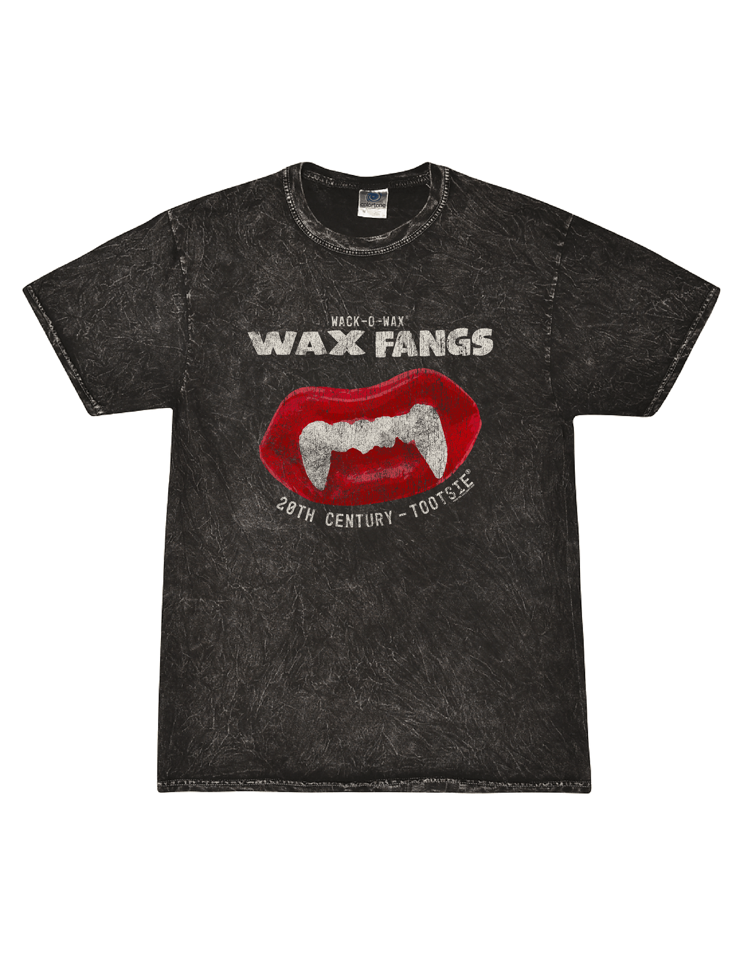 Wack-O-Wax FANGS Black Mineral Wash Tee featuring the classic wax vampire fangs candy graphic on a vintage-style mineral wash t-shirt.