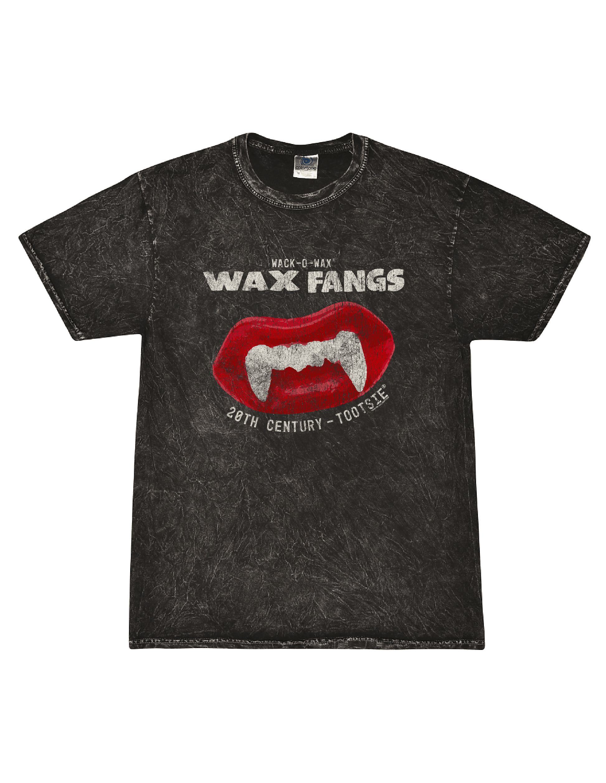 Wack-O-Wax FANGS Black Mineral Wash Tee featuring the classic wax vampire fangs candy graphic on a vintage-style mineral wash t-shirt.