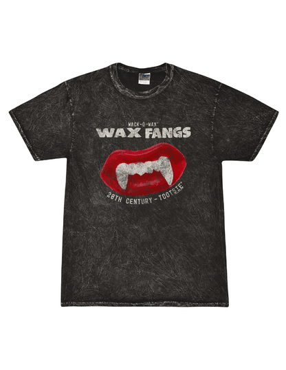 Wack-O-Wax FANGS Black Mineral Wash Tee featuring the classic wax vampire fangs candy graphic on a vintage-style mineral wash t-shirt.
