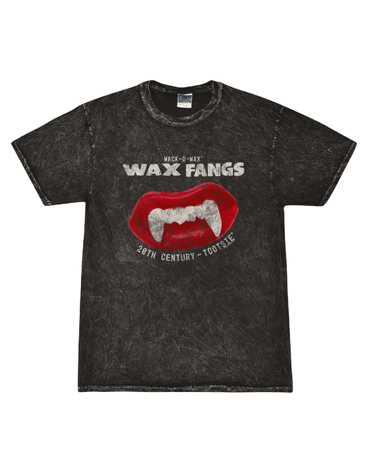 Wack-O-Wax FANGS Black Mineral Wash Tee featuring the classic wax vampire fangs candy graphic on a vintage-style mineral wash t-shirt.