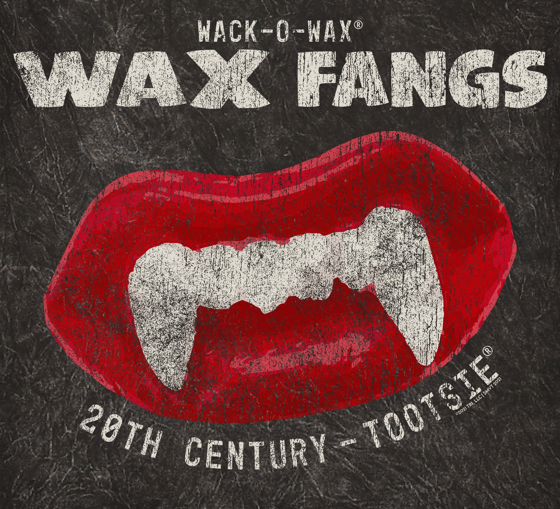 Vintage Wack-O-Wax FANGS candy artwork featuring classic wax vampire fangs graphics in a retro distressed design.